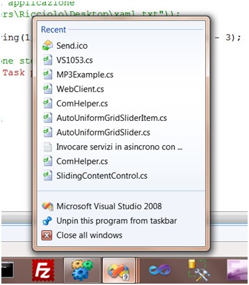 La jumplist di Windows 7